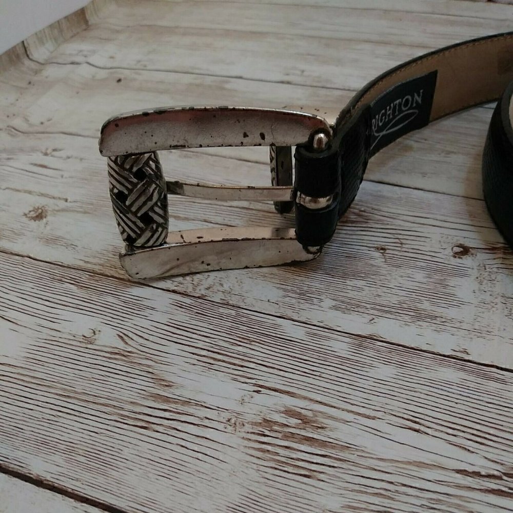 BRIGHTON BLACK REPTILE exotic printed Leather Belt SILVER Buckle M - Picture 3 of 11